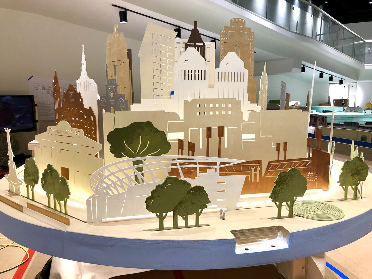The layered silhouette skyline mid-assembly in the studio