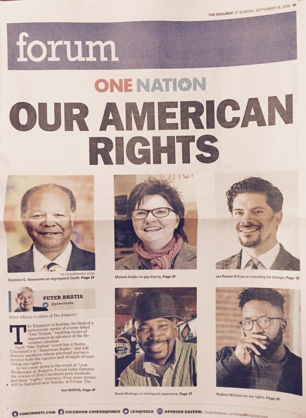 Front page of the Cincinnati Enquirer&rsquo;s Forum section, September 18, 2016: One Nation, Our American Rights, featuring five Cincinnatians including Leo D&rsquo;Cruz