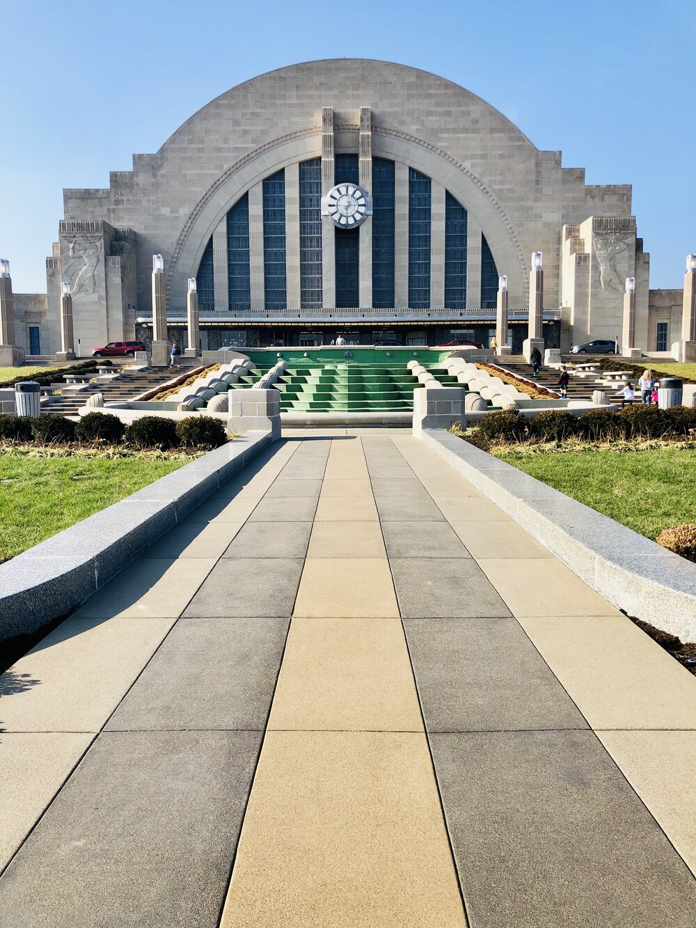 The Art Deco facade of Union Terminal, cascading fountains in the foreground